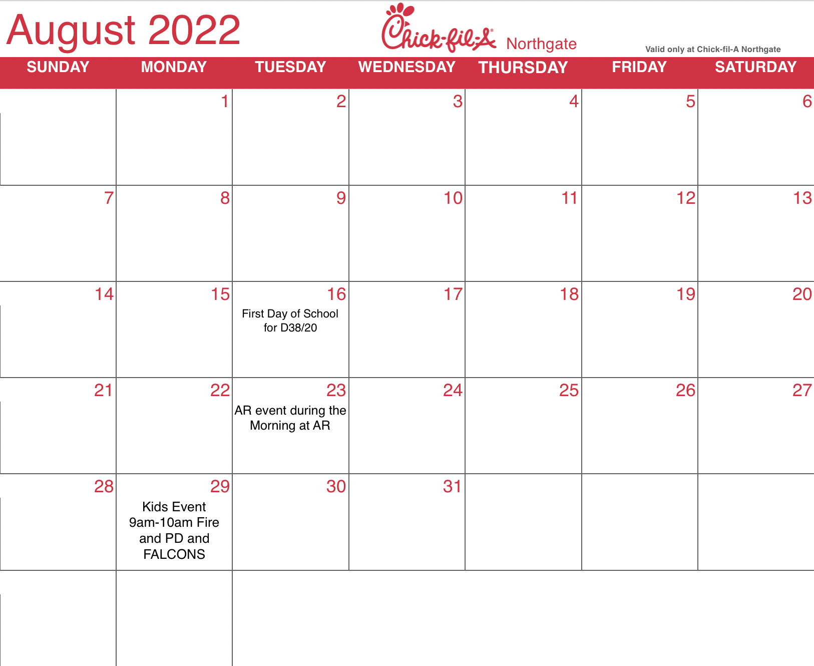 Calendar ChickfilA Northgate